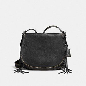 COACH Saddle in Pebble Leather with Whiplash Details Crossbody in Black. F38219